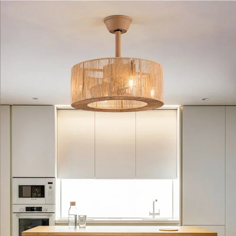 Retro rattan fan ceiling lamp