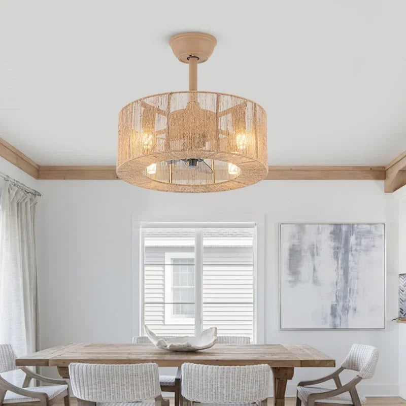 Retro rattan fan ceiling lamp