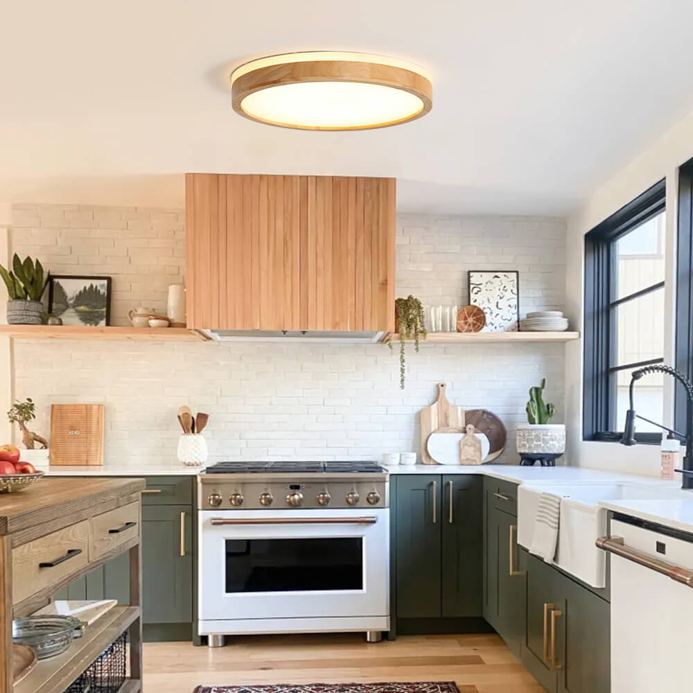 客厅用圆形嵌入式吸顶灯 | 带木质装饰的可调光LED灯