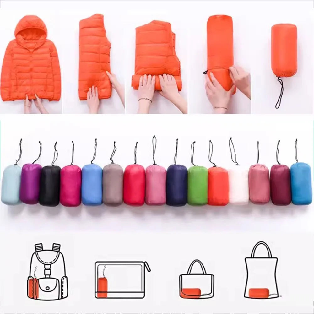 Péřová bunda s kapucí Slim Fit - Teplý kabát z bílé kachní kůže pro ženy