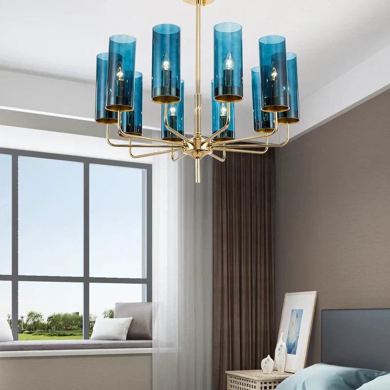 Luminere Blue Glass LED Chandelier With Gold-Plated Frame