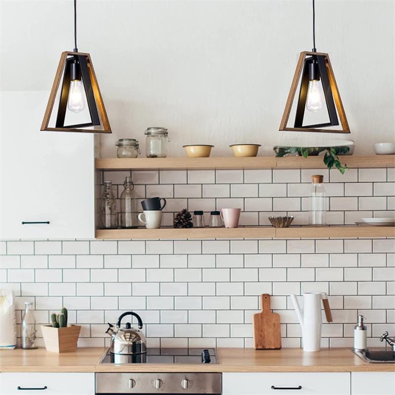 Lámpara de araña rectangular retro Veridian con vetas de madera y acabado negro