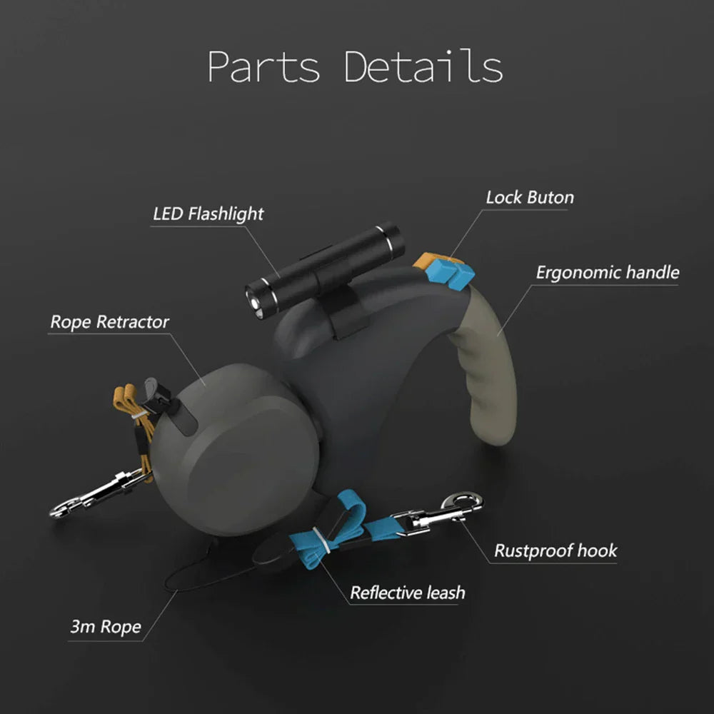 Stahovací dvojité vodítko pro psy s 360° ochranou proti zamotání – nastavitelný pás pro dva psy, lehké a odolné