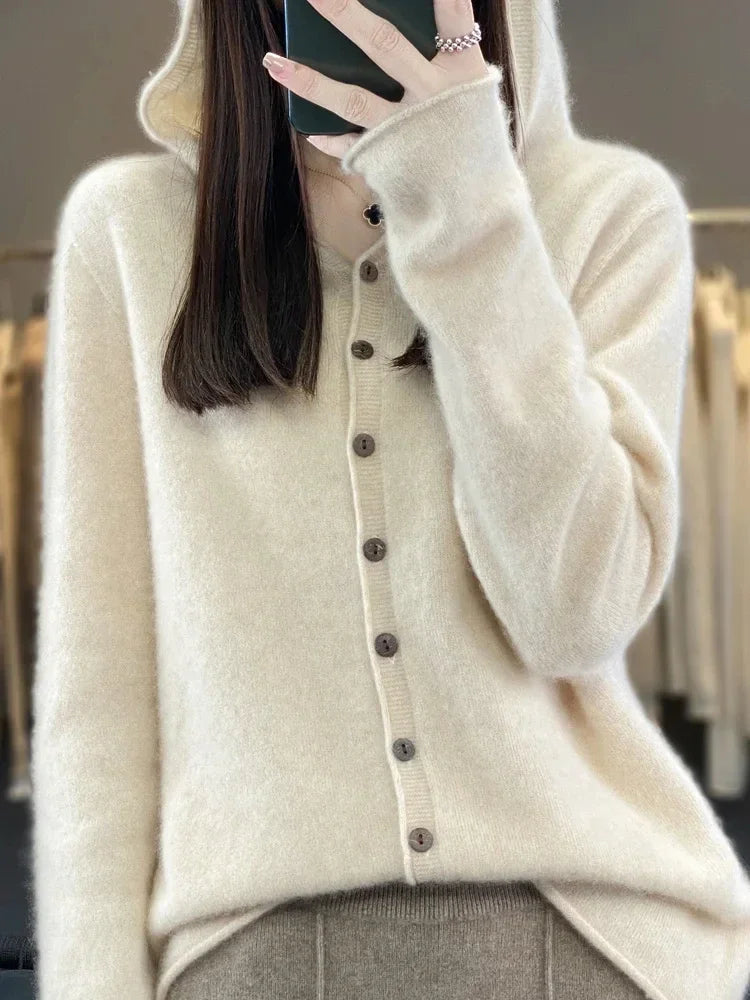 Avera Merino Wool Hooded Cardigan Long Sleeve Autumn Winter