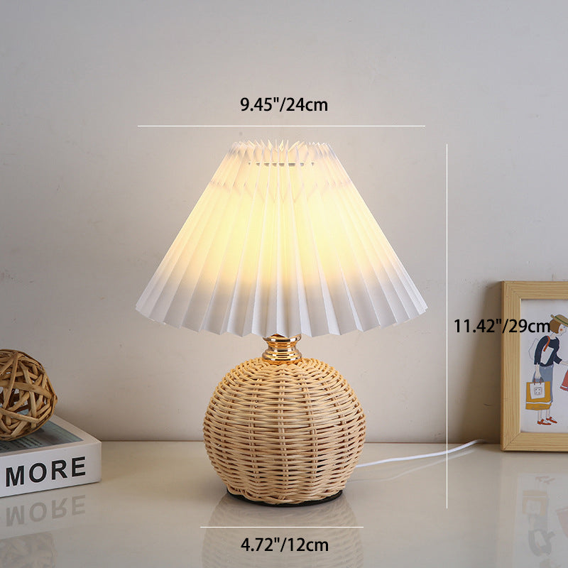 Modern Nordic Rattan Weave Bedside Lamp With Pleated Cone Shade USB LED