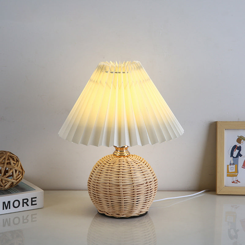 Modern Nordic Rattan Weave Bedside Lamp With Pleated Cone Shade USB LED