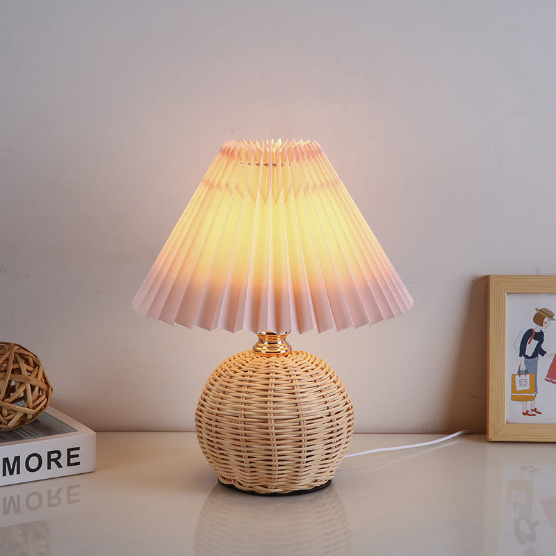 Modern Nordic Rattan Weave Bedside Lamp With Pleated Cone Shade USB LED