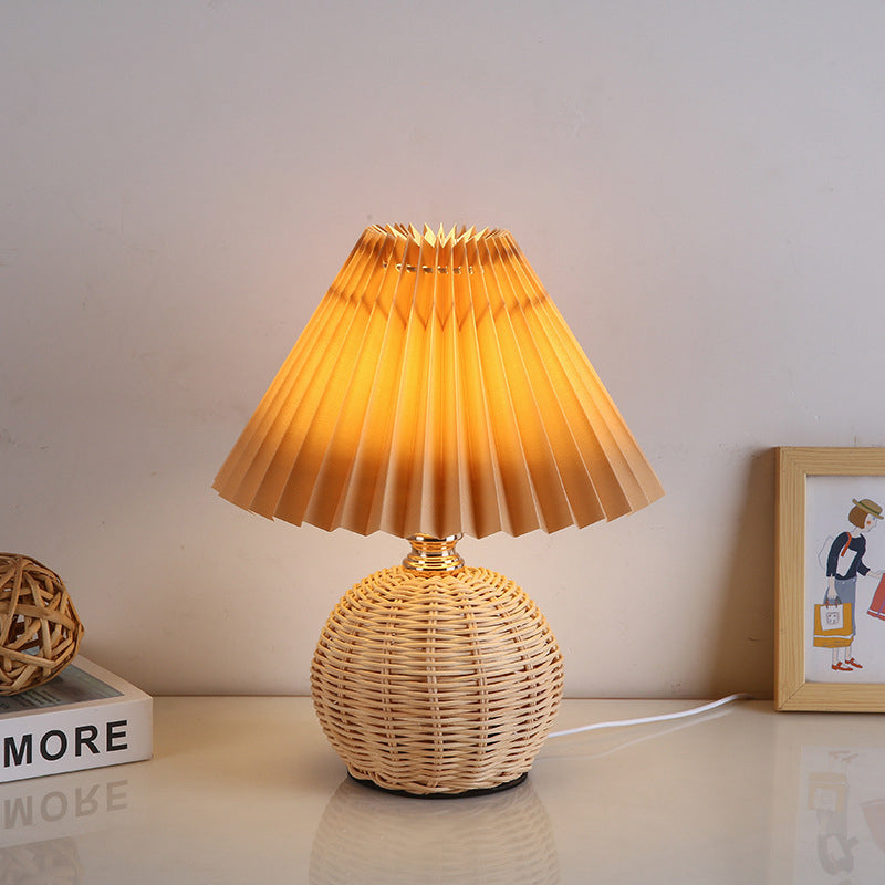 Modern Nordic Rattan Weave Bedside Lamp With Pleated Cone Shade USB LED