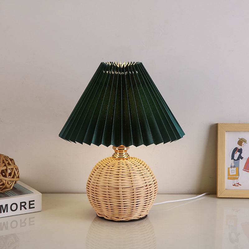 Modern Nordic Rattan Weave Bedside Lamp With Pleated Cone Shade USB LED