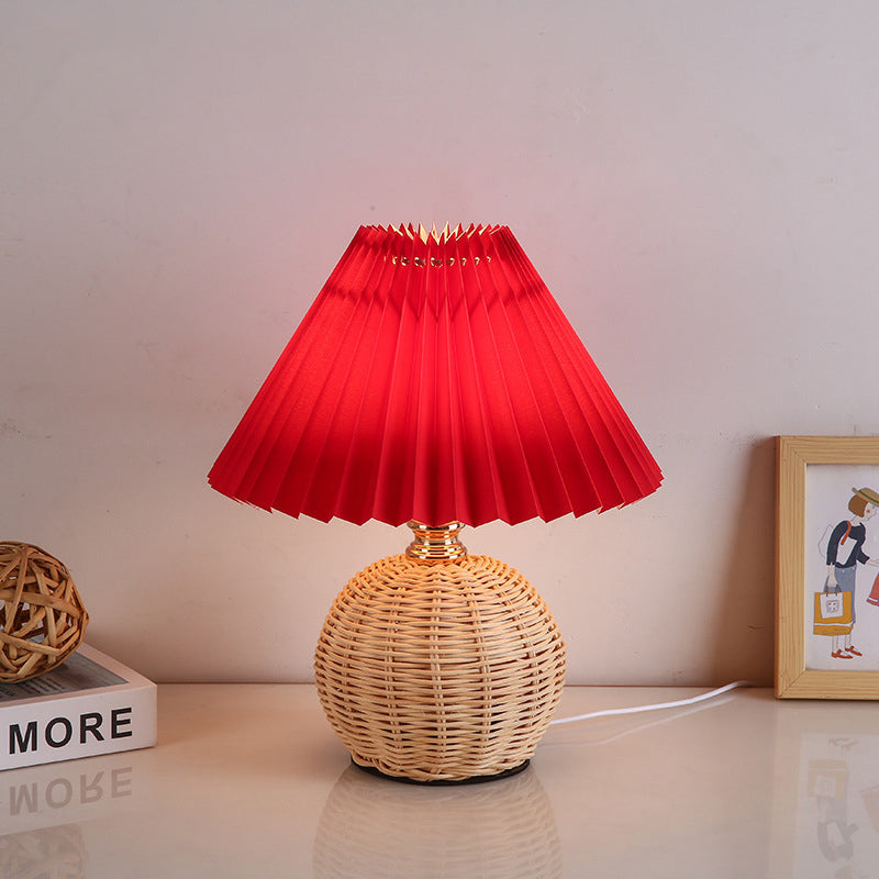 Modern Nordic Rattan Weave Bedside Lamp With Pleated Cone Shade USB LED