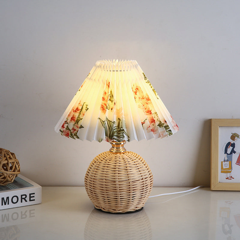 Modern Nordic Rattan Weave Bedside Lamp With Pleated Cone Shade USB LED