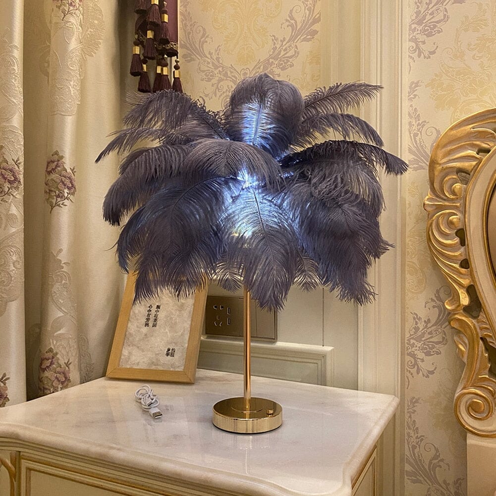 LyraFeather LED Lamp With Ostrich Fur And Metal Base