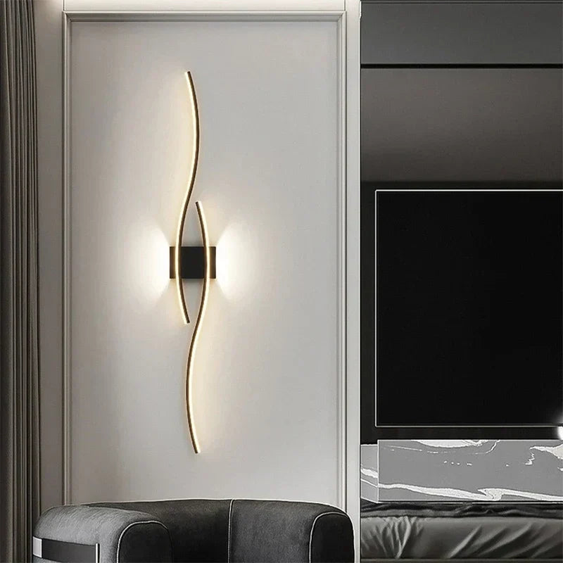 Modern LED Wall Lamp with Remote Control – Double Curve Design in Black and Gold for Stylish Indoor Wall Lighting