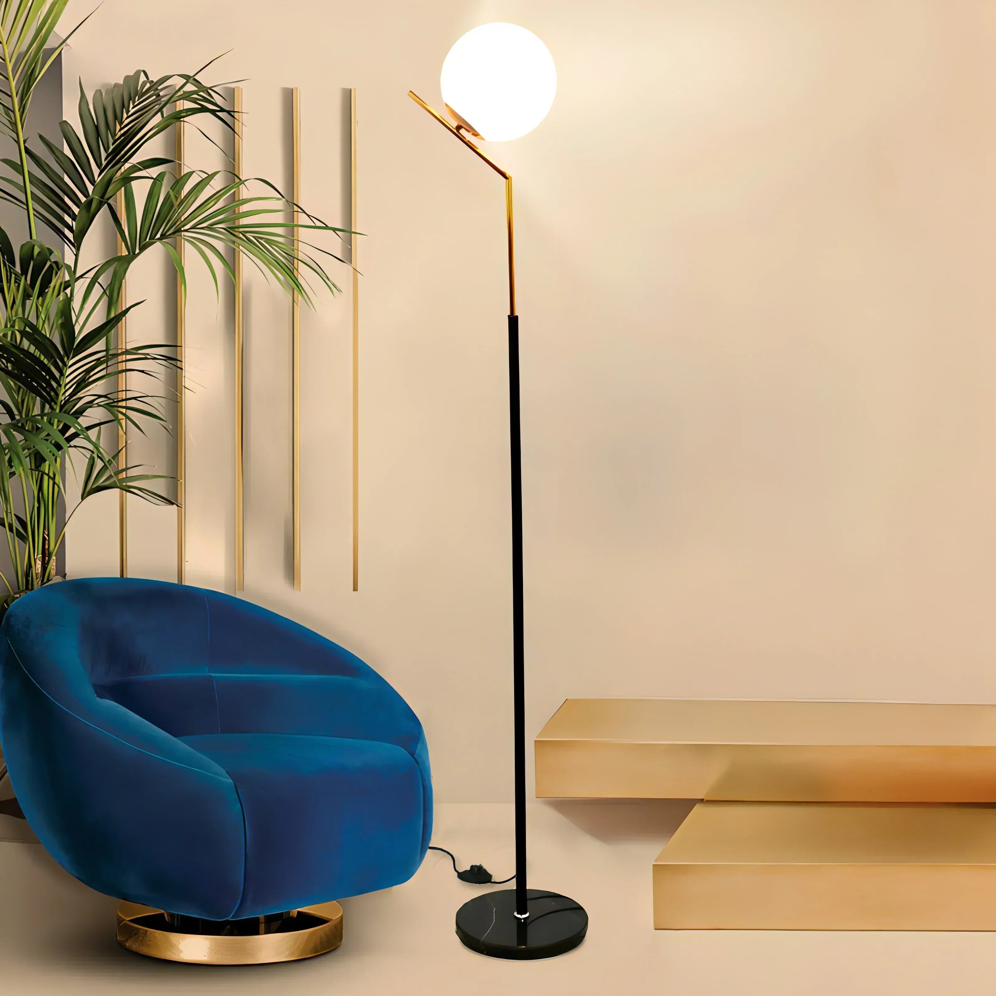 Caelon LED Floor Lamp with Marble Base and Round Glass Shade