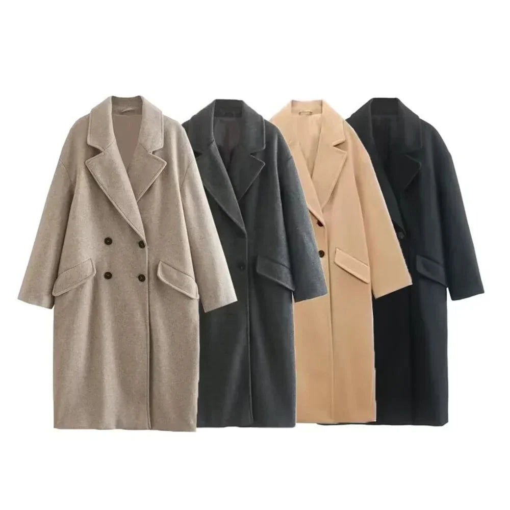 Unni: Winter Flip Collar Double breasted Button Long Woolen Coat/Jacket