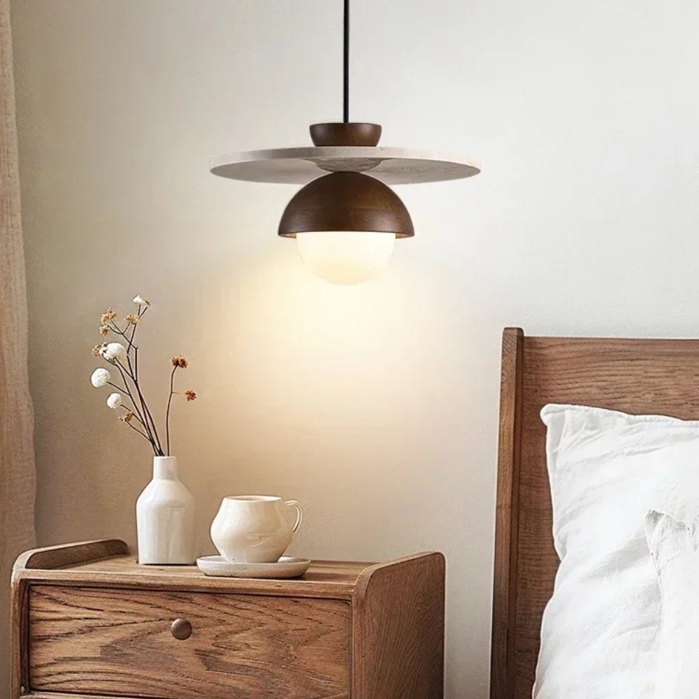 Terrazzo Flat Pendant Lamp Walnut Wood Modern Japandi Design