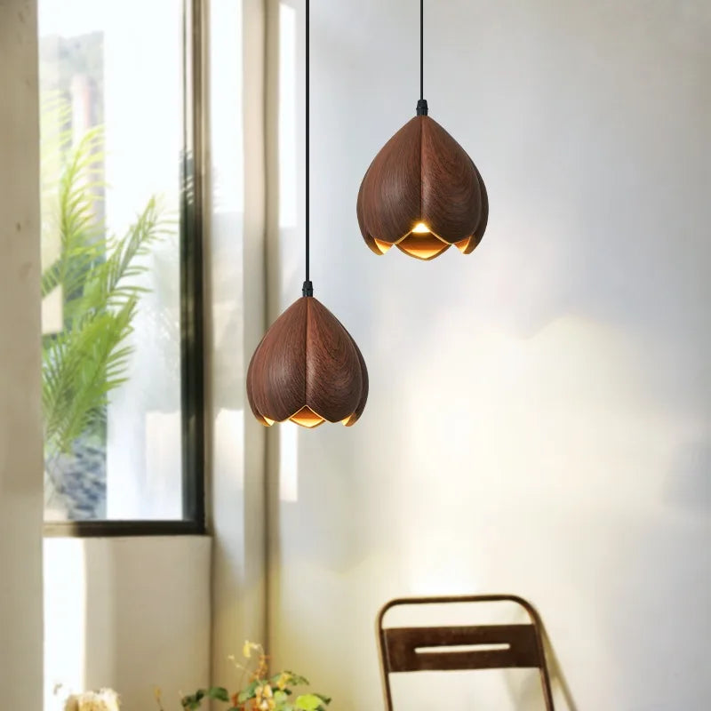 Walnut Wooden Flower Pendant Lamp Brown Scandinavian Modern Design