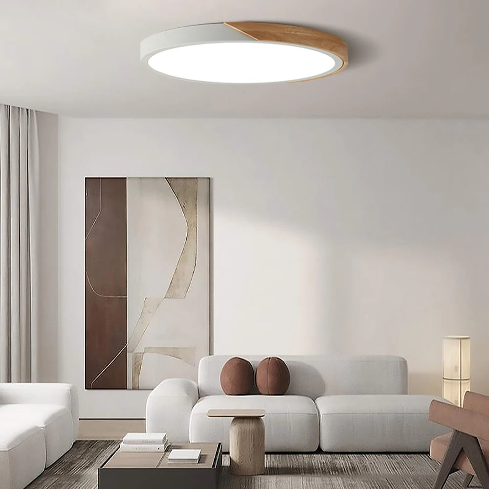 Solara Ultra-Slim LED Ceiling Light With Metal, Wood And Frosted Acrylic