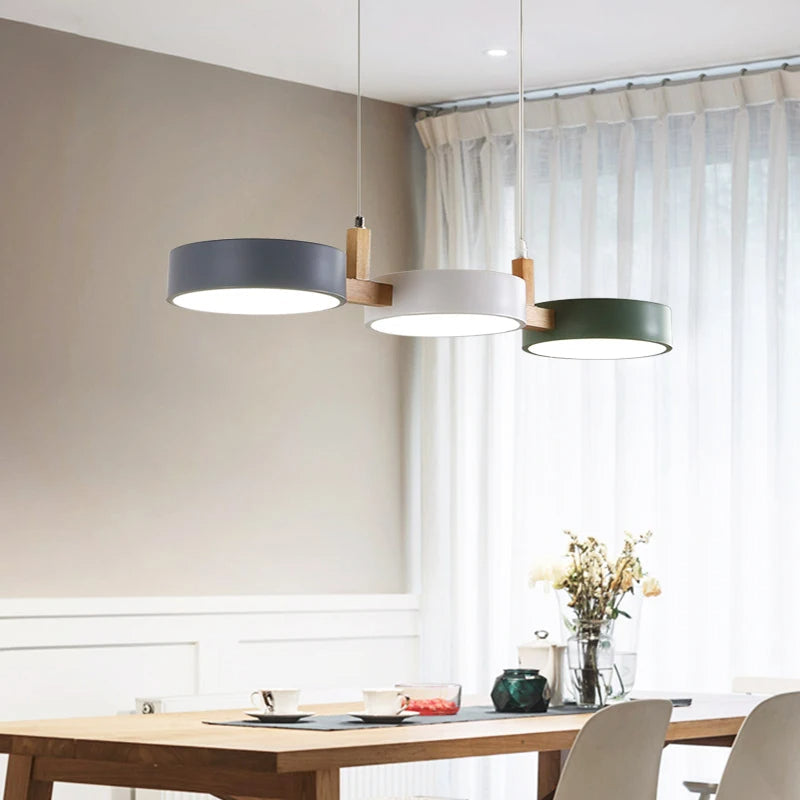 NovaLume Wood Led Pendant Light With Colorful Disk Accents