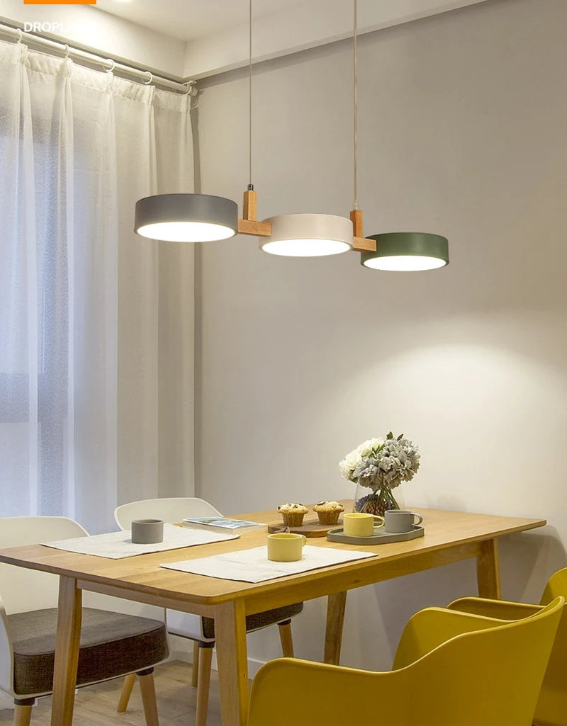 NovaLume Wood Led Pendant Light With Colorful Disk Accents