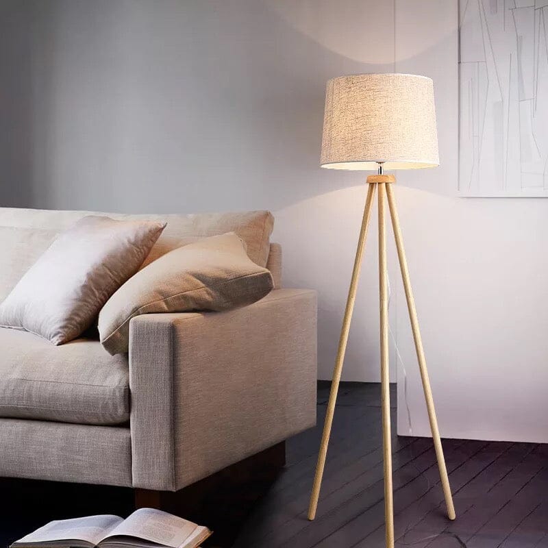 Liora Floor Lamp With Natural Wood Body And Cream Linen Shade
